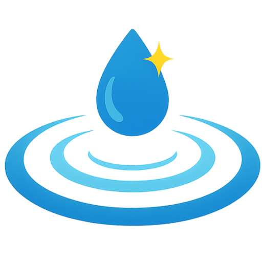 A drawing of a large blue water drop with a yellow star. The water drop is surrounded by lighter blue concentric, slanted ...