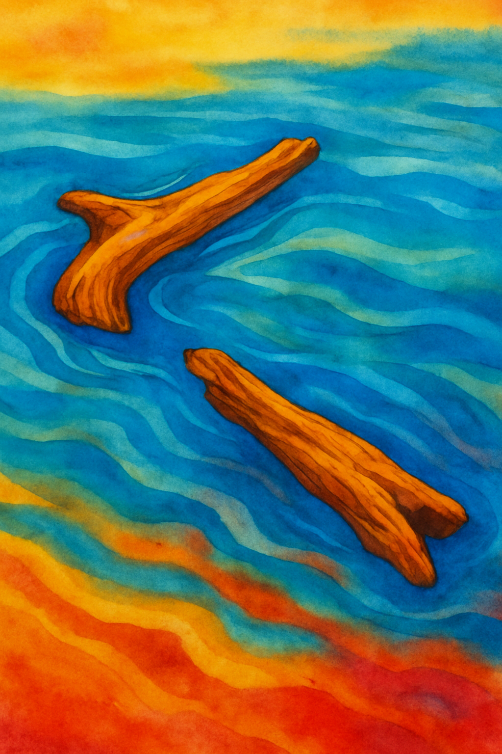 A vibrant art piece featuring two irregularly shaped driftwood objects on a wavy abstract background. **Technical Conditio...