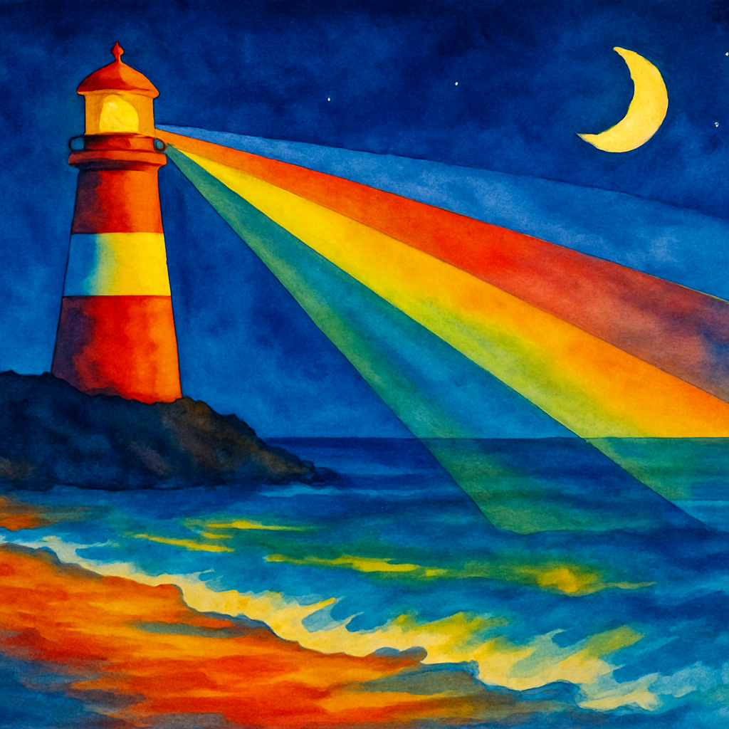 A beacon of hope shines brightly through a rainbow beam provided by a lighthouse, with the moon in the background and a sm...