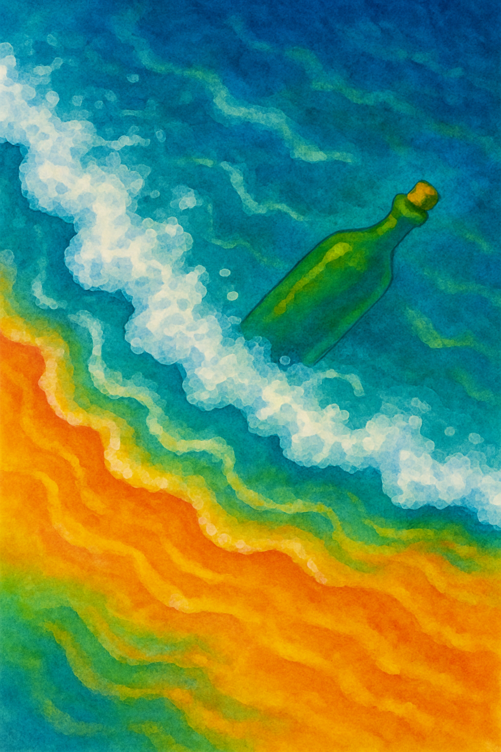 ElementsBy: Watercolor Image of Ocean Features Bright blue water imageryOrange sand belowA green message bottle in the wat...