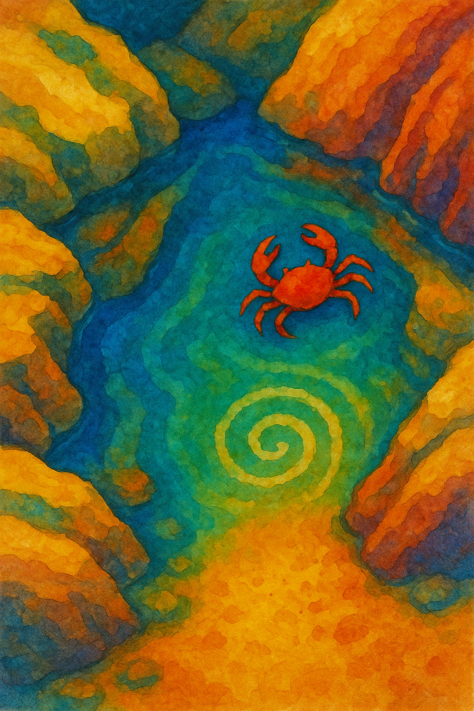 An orange crab sits in the center of a blue, spiral-shaped pool of water, surrounded by yellow and orange rocks and land w...
